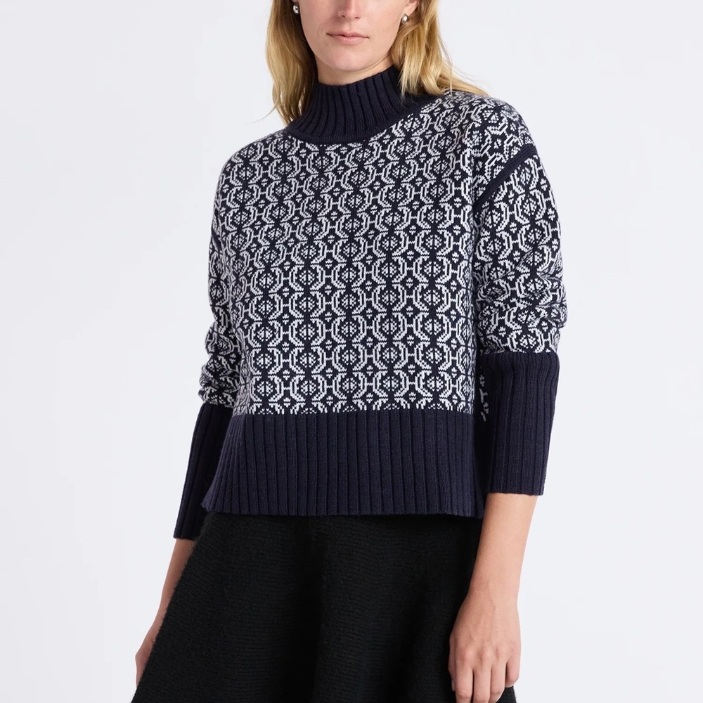 Free Assembly Navy Fair Isle Mock Neck Sweater Wool Blend Boxy Knit | Women’s XL